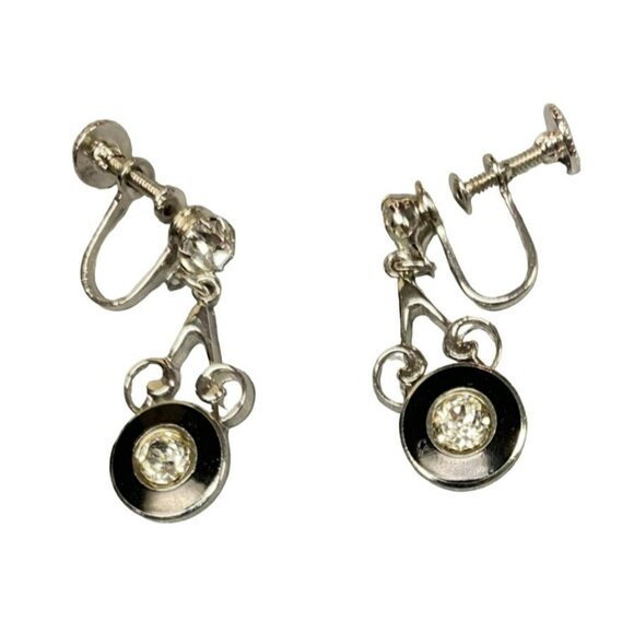 Vintage Vargas Black Enamel Silver tone with Rhinestone Center Dangle Screw-back - Picture 3 of 5